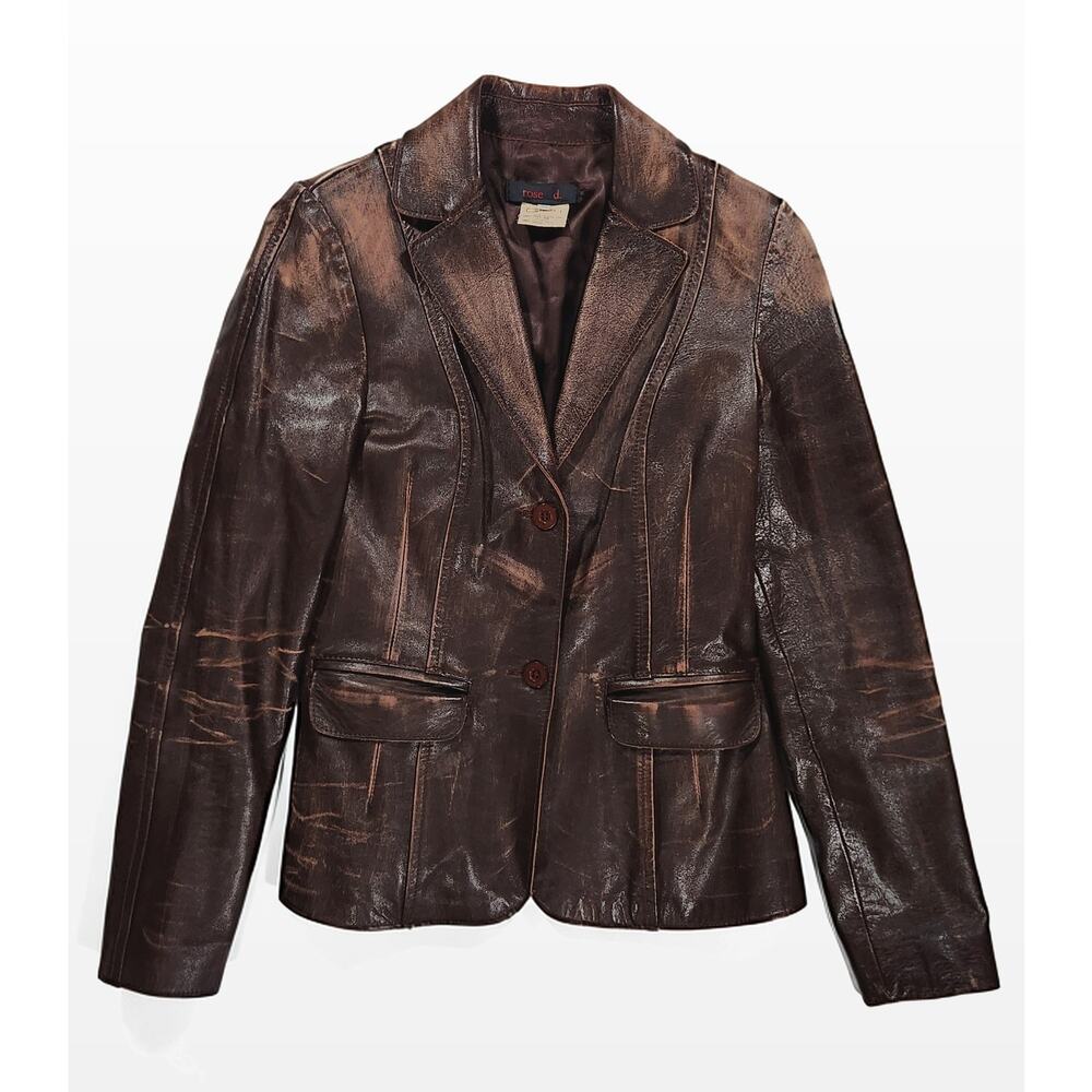 Women's Large Leather Jacket Moto Blazer Distressed Brown Classic Tailored